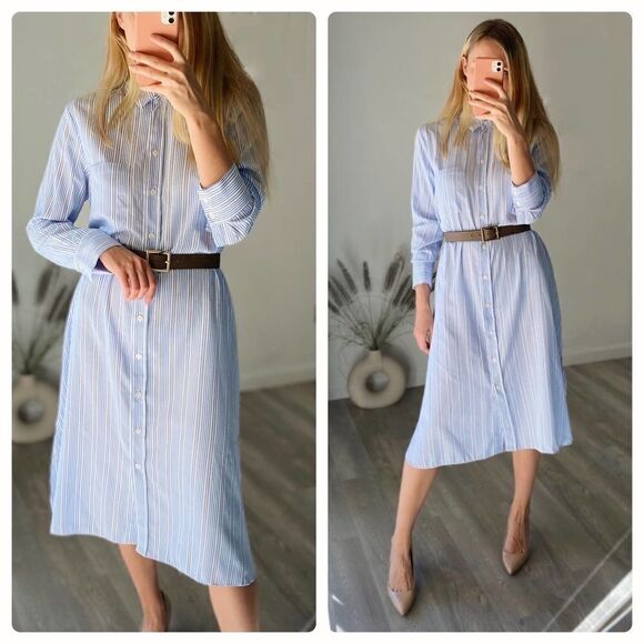 Zara Shirt Dress Blue Striped Midi - Picture 2 of 8